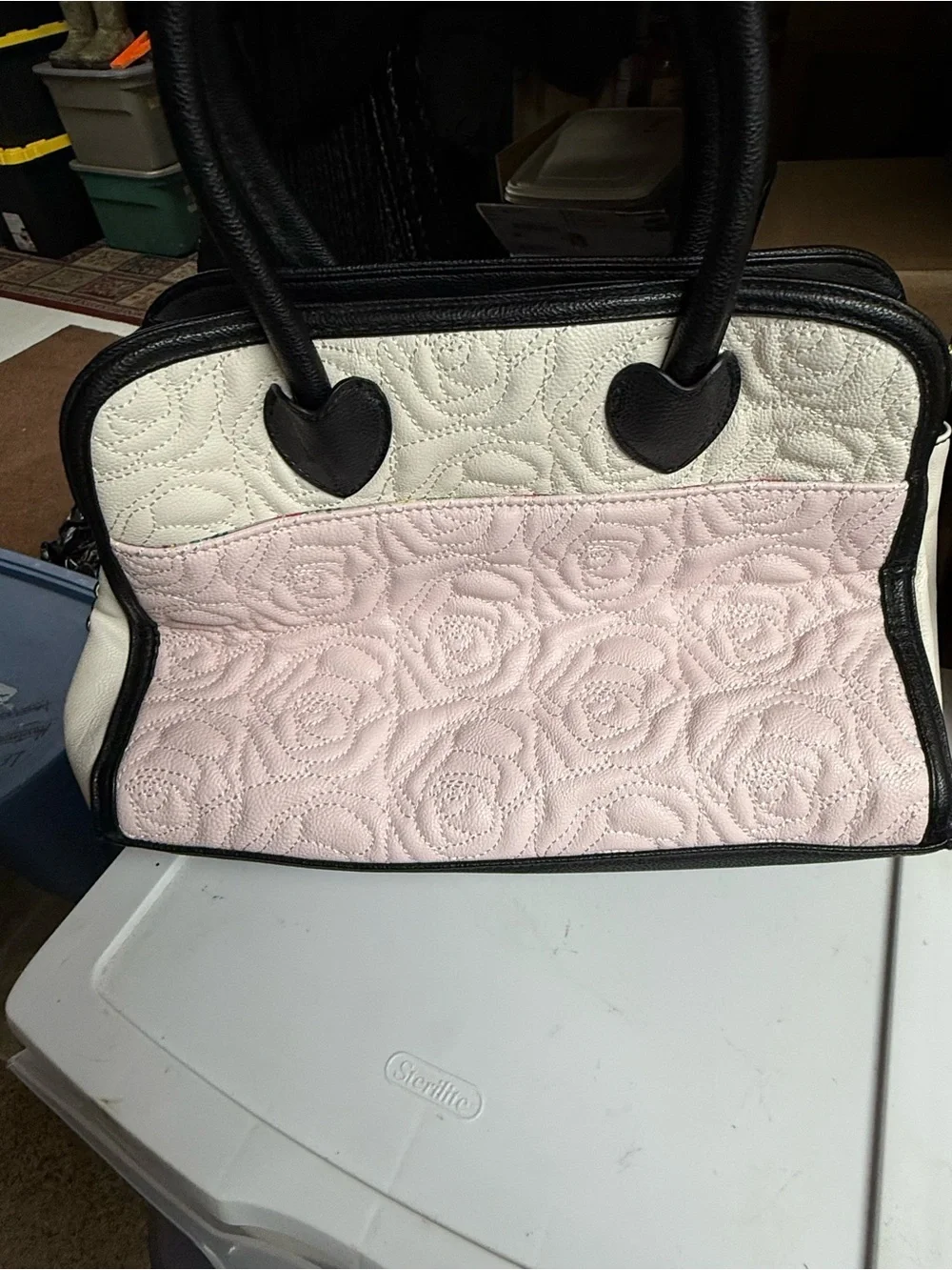Betsy Johnson Quilted Rose-Pattern Satchel Bag in Light Pink and Black